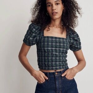 Madewell Plaid Puff Sleeve Cropped Top Medium - NWT